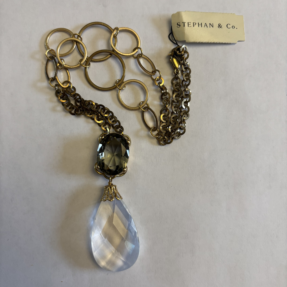 Stephan & Co. Antique Brass Smokey & Clear Teardrop Pendant Necklace NWT